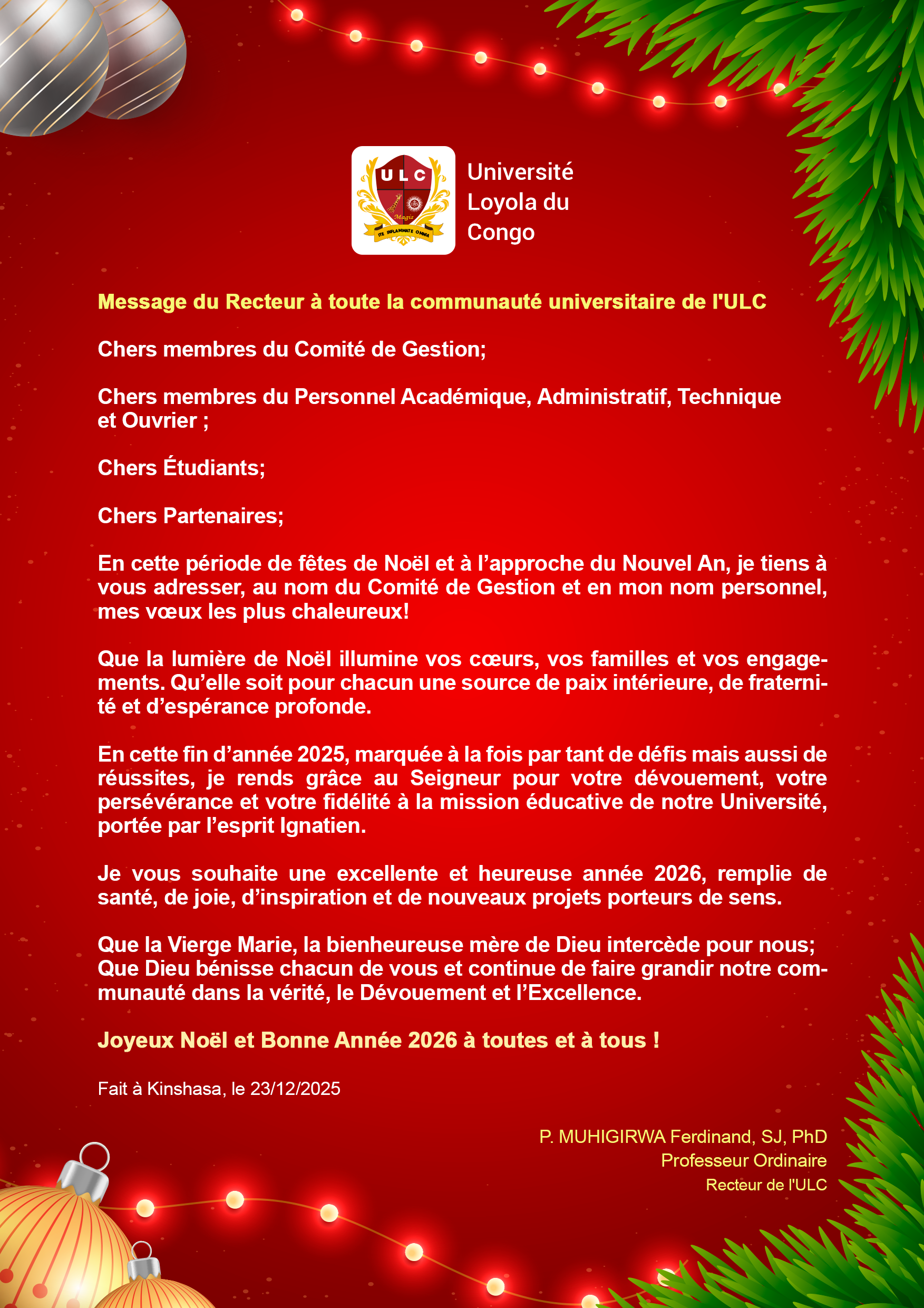 MESSAGE DU RECTEUR À LA COMMUNAUTÉ UNIVERSITAIRE