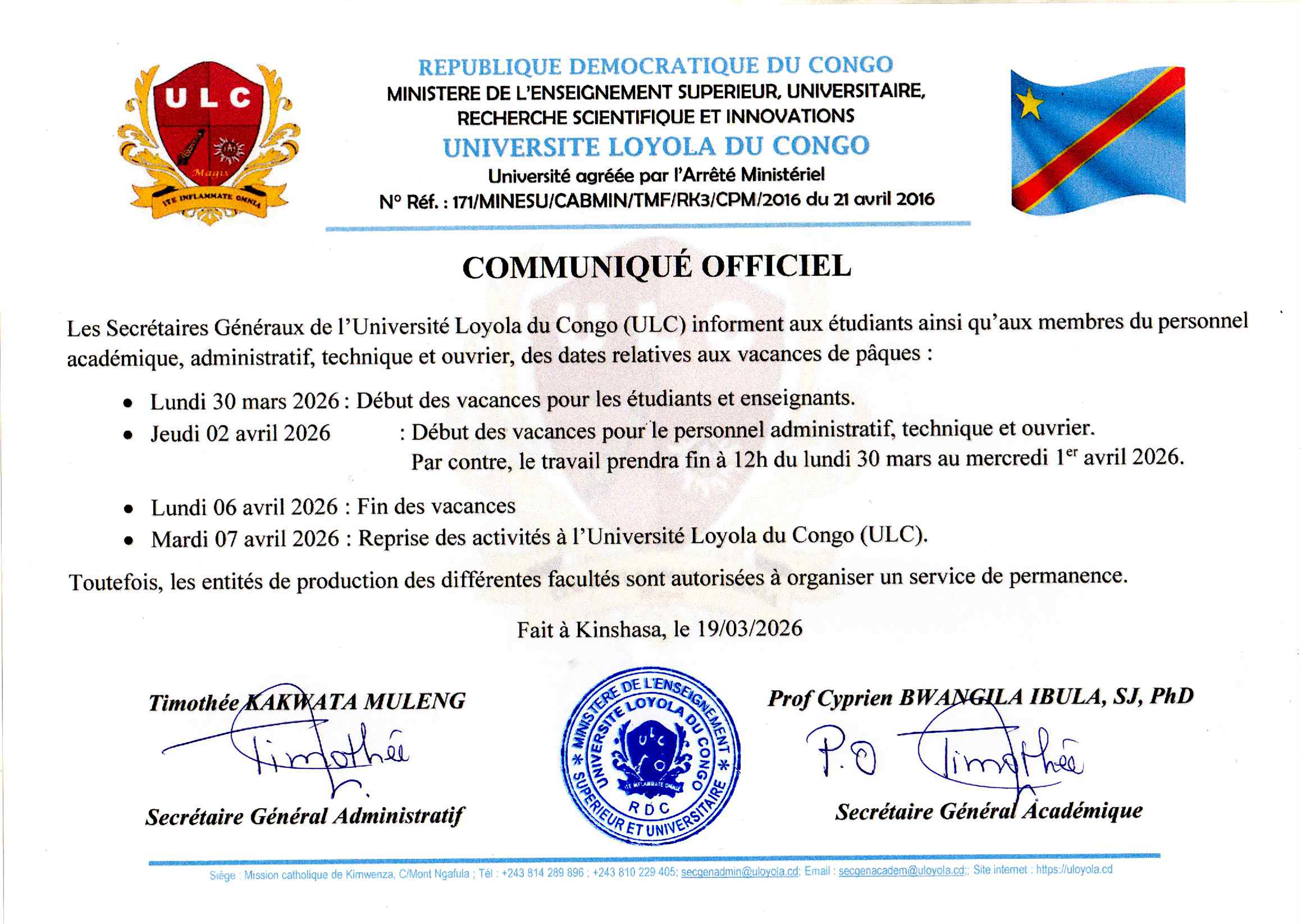 COMMUNIQUÉ OFFICIEL – VACANCES DE PÂQUES