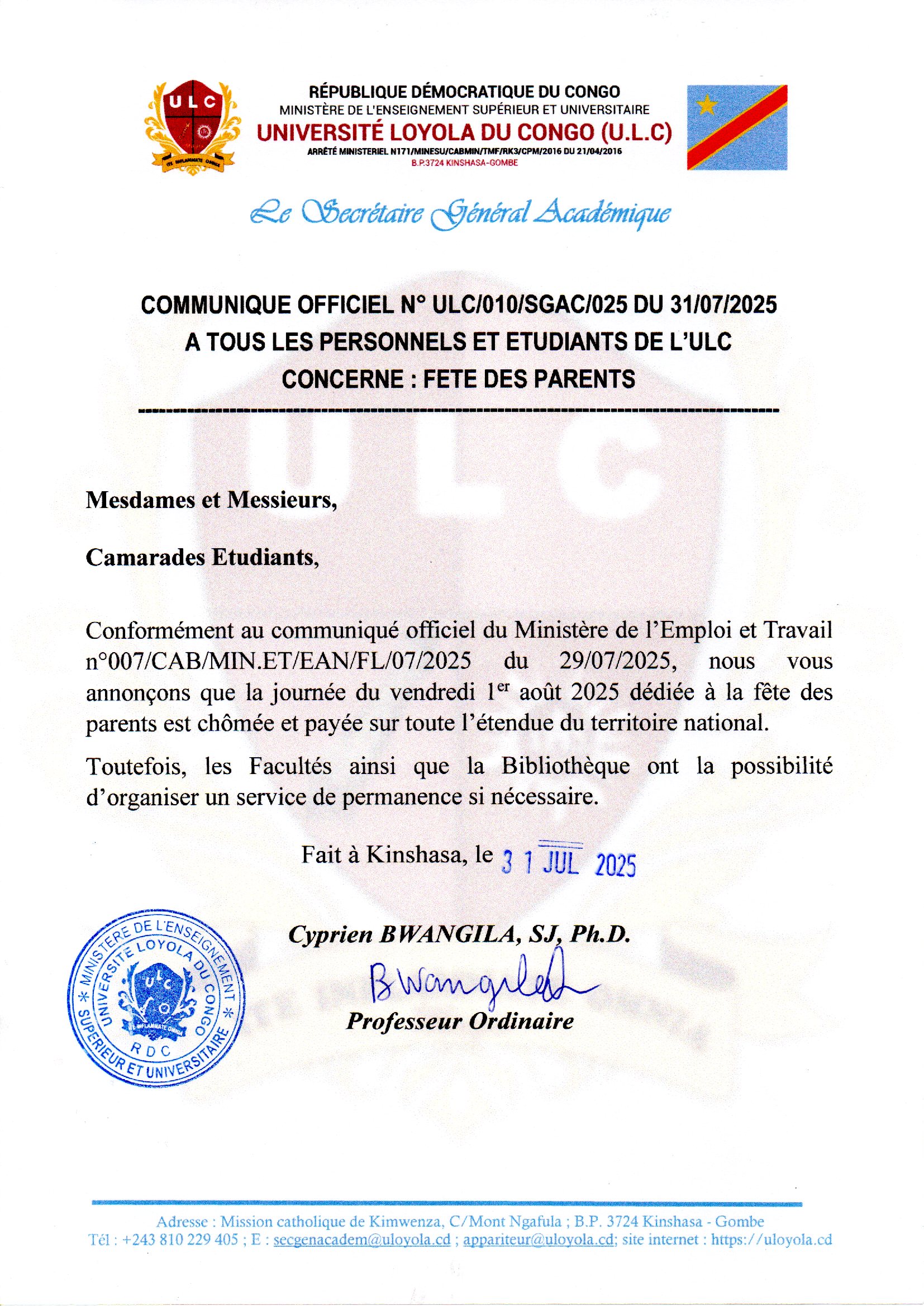 FÊTE DES PARENTS – JOURNÉE CHÔMÉE À L’ULC
